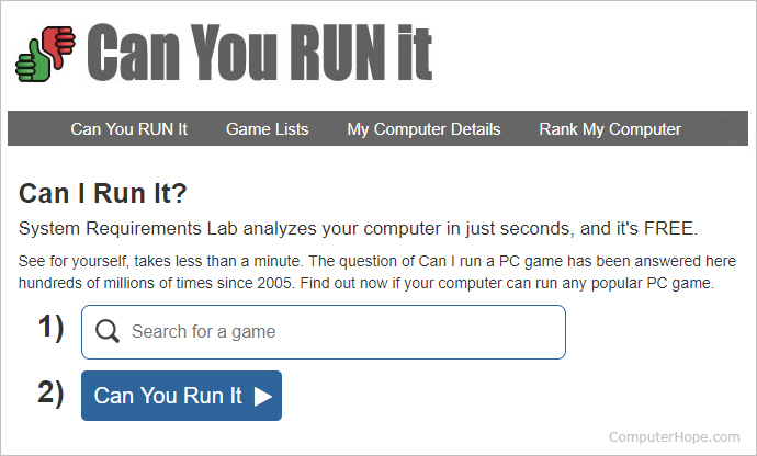 Can You Run It-Schaltfläche und Website