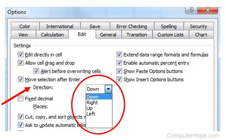Changing the direction of the move selection after pressing Enter in Excel