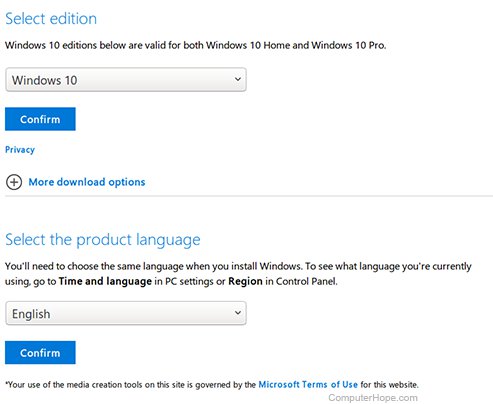 On the Microsoft Windows 10 ISO download page, select the edition and language of Windows 10