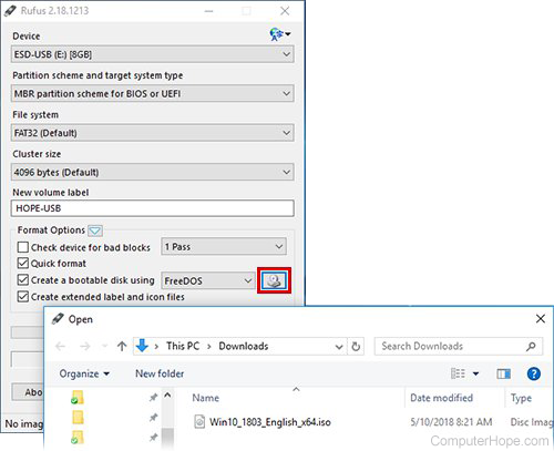 Click the disk icon in Rufus, select the Windows ISO file you downloaded, and click Open