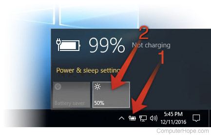 Adjusting screen brightness in Windows 10 using the taskbar battery icon