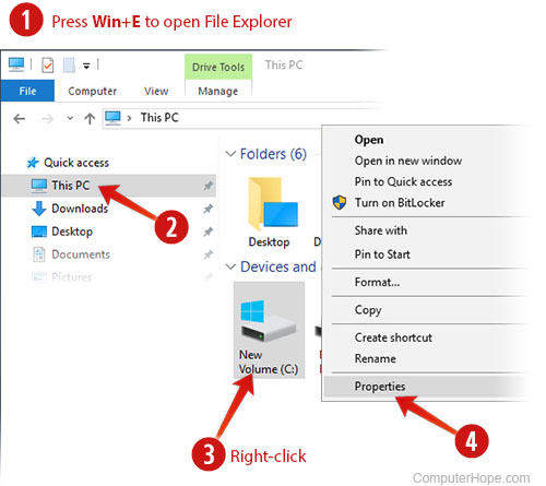 Zugriff auf die Eigenschaften eines Laufwerks im Windows 10-Datei-Explorer