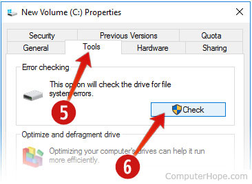 Scelta del controllo degli errori nella scheda Strumenti nelle proprietà dell'unità di Windows 10