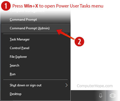 Windows 10 Yetkili Kullanıcı Görevleri menüsünde Komut İstemi'ni (Yönetici) açma