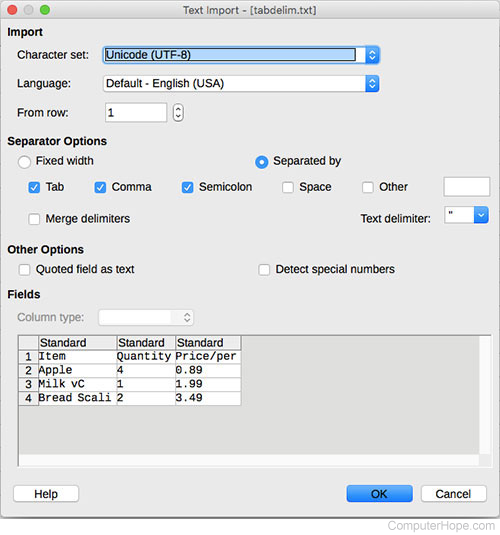 LibreOffice Calc Text Import options dialog