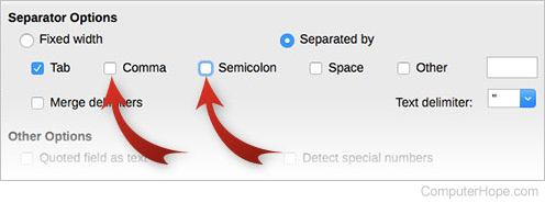 Unselecting the comma and semicolon delimiter options in the LibreOffice Calc Text Import options dialog