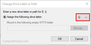 Change disk drive letter window.