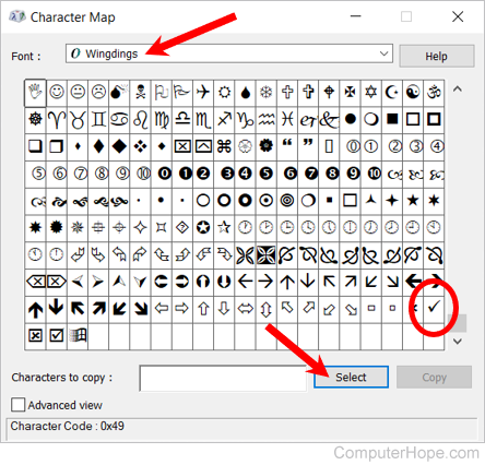 Check mark in Character Map