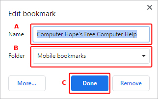 Bookmark added window for Google Chrome.