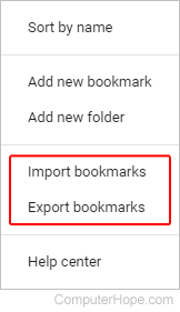 Menu that allows users to import or export bookmarks.