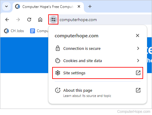 Individual site settings selector in Google Chrome