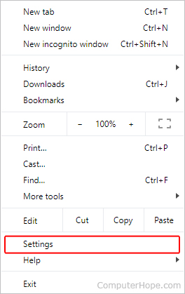 Chrome menu Settings selector.