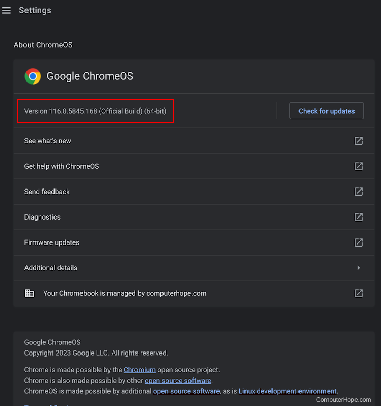 Google ChromeOS version and settings window.