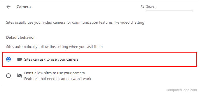Toggling camera permissions in Chrome.