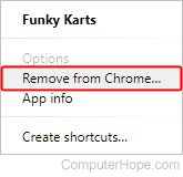 Menu for removing an app in Google Chrome.