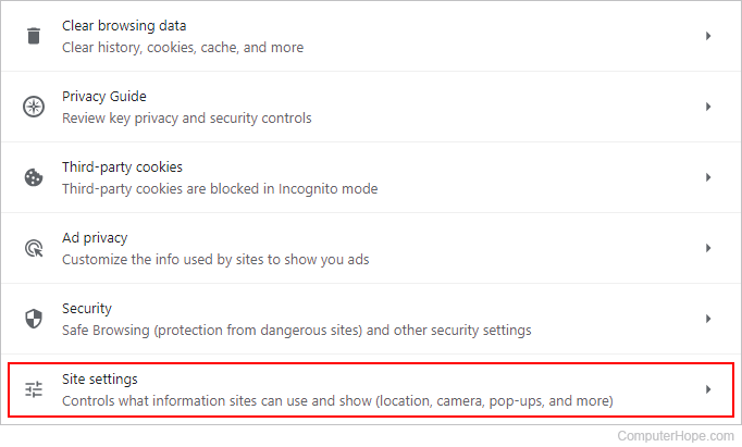 Site Settings selector.