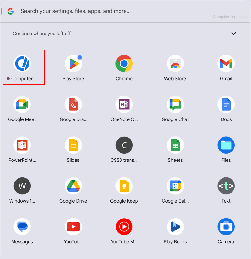 Newly-created shortcut in the Search menu on a Chromebook.