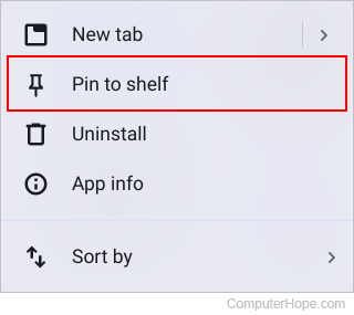 Pin to shelf option on a Chromebook.