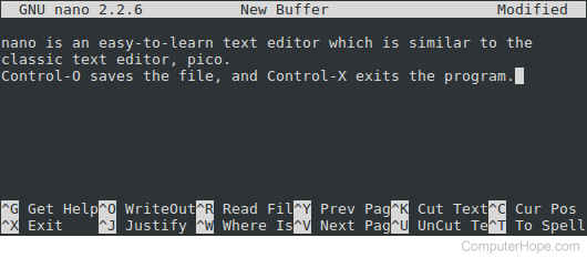 The nano text editor, running on Linux
