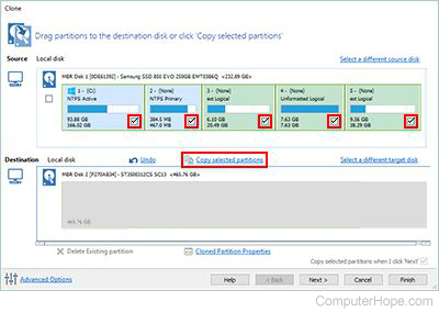 Beneath the source disk, click Copy selected partitions
