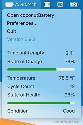 CoconutBattery utility running on macOS.