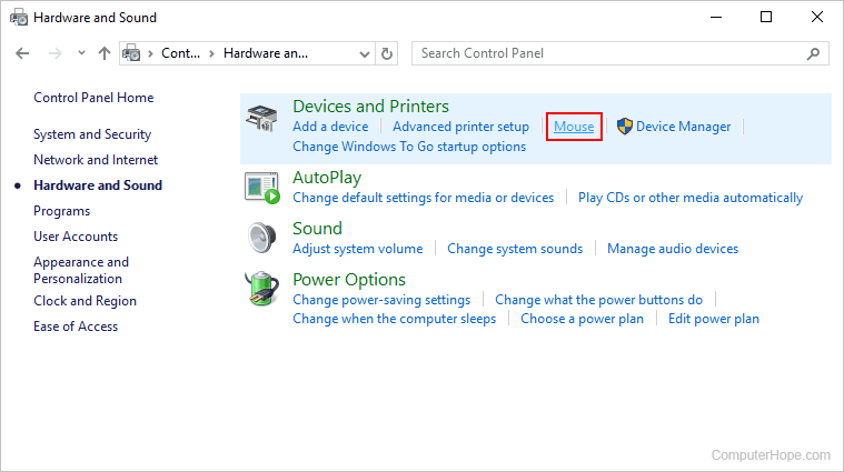 Link to mouse options in Windows Control Panel.