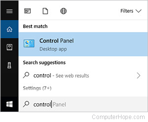 Opening the control panel from the Cortana search bar