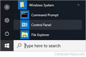 Opening the control panel from the start menu