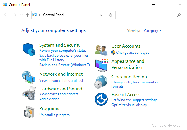 Windows 10 Control Panel.