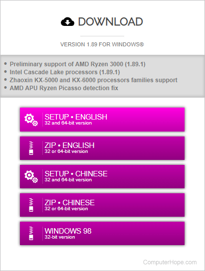 Página de download do CPU-Z.