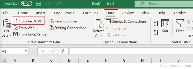 Data tab and From Text/CSV option highlighted in Microsoft Excel Ribbon