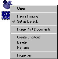 Menu after right-clicking the printer icon