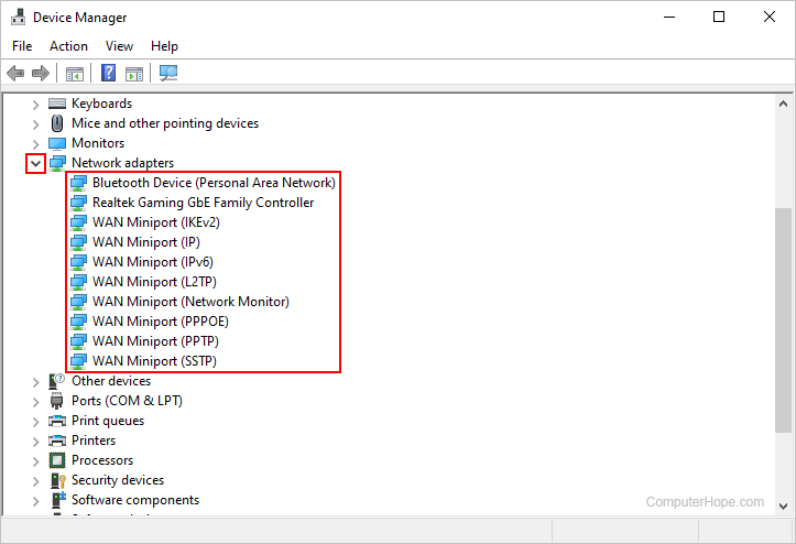 Network adapter list in Windows Device Manager.