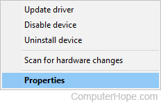 Properties selector on a Device Manager entry.