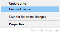 Uninstall device selector in Device Manager.
