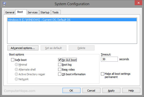 Windows msconfig utility - Boot tab
