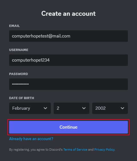 Signing up for a Discord account.