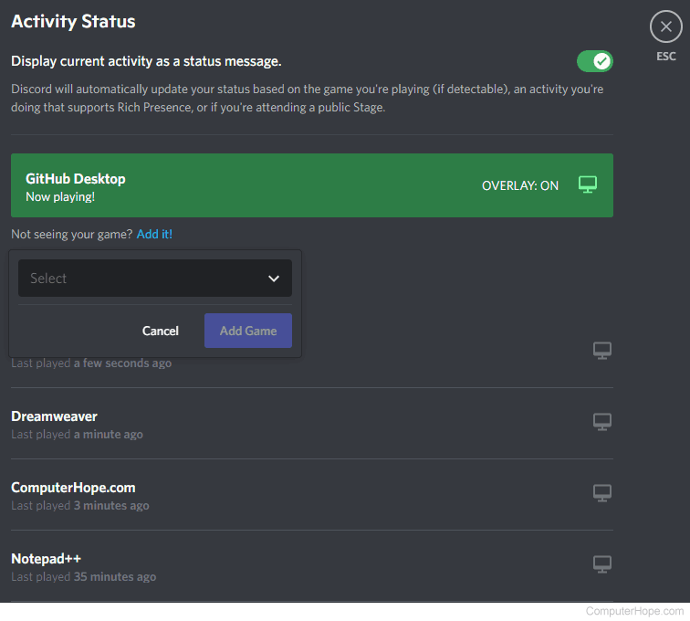 Discord Activity Status window to change the game and programs shown in your activity.