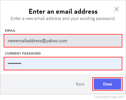 Finalizing a new e-mail address on Discord.