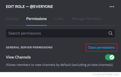 Clear permissions link on Discord.
