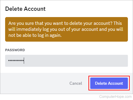Confirming the deletion of a Discord account.