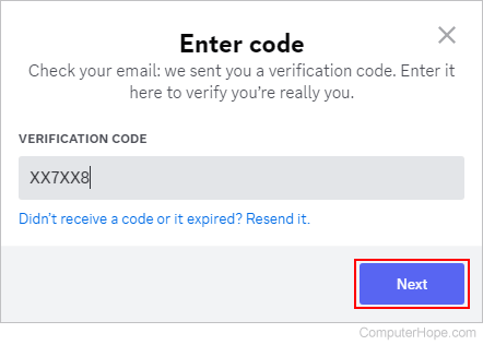 Entering the verification code sent via e-mail on Discord.
