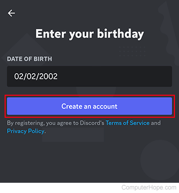 Creating an account on Discord mobile.