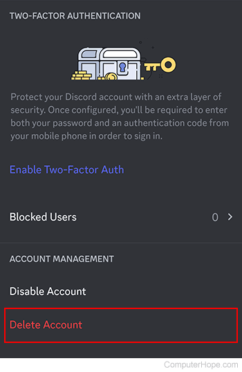 Delete Account selector on Discord mobile app.