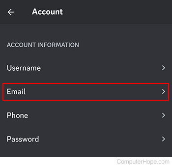 Email selector on Discord mobile.