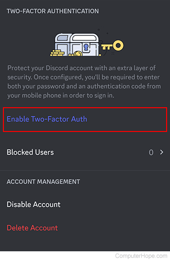 Enable Two-Factor Auth link on Discord mobile.