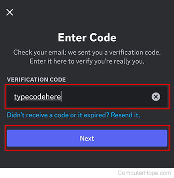 Entering a verification code on Discord mobile.
