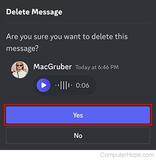 Deleting a voice message on Discord mobile.