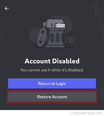Restore Account button on Discord mobile app.