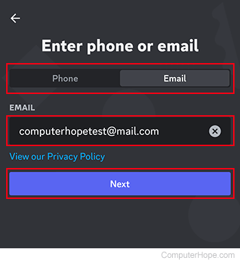 Filling out sign-up information on Discord mobile.